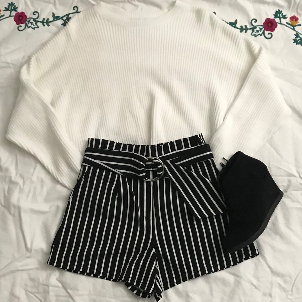 Black and white striped shorts with belt